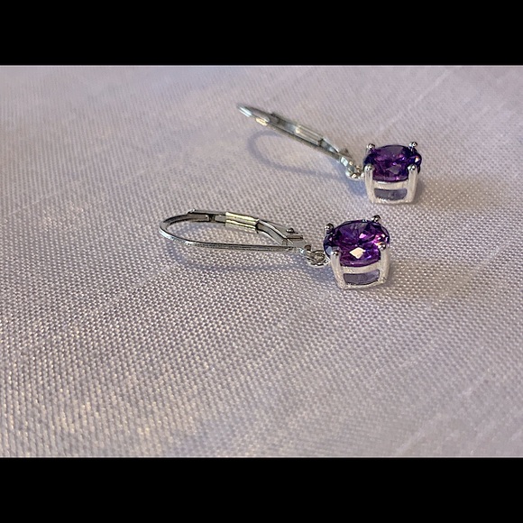 Amethyst Purple Circle Round Stone Drop Earrings - Picture 4 of 7